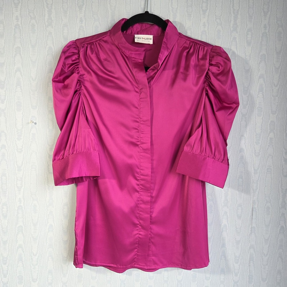 First Love Womens S Top Satin‎ Stretch Pink Puff Sleeve Button Down Preppy Glam